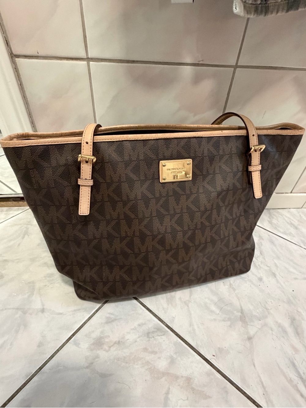 Michael Kors Brown MK Logo Tote with Tan Trim